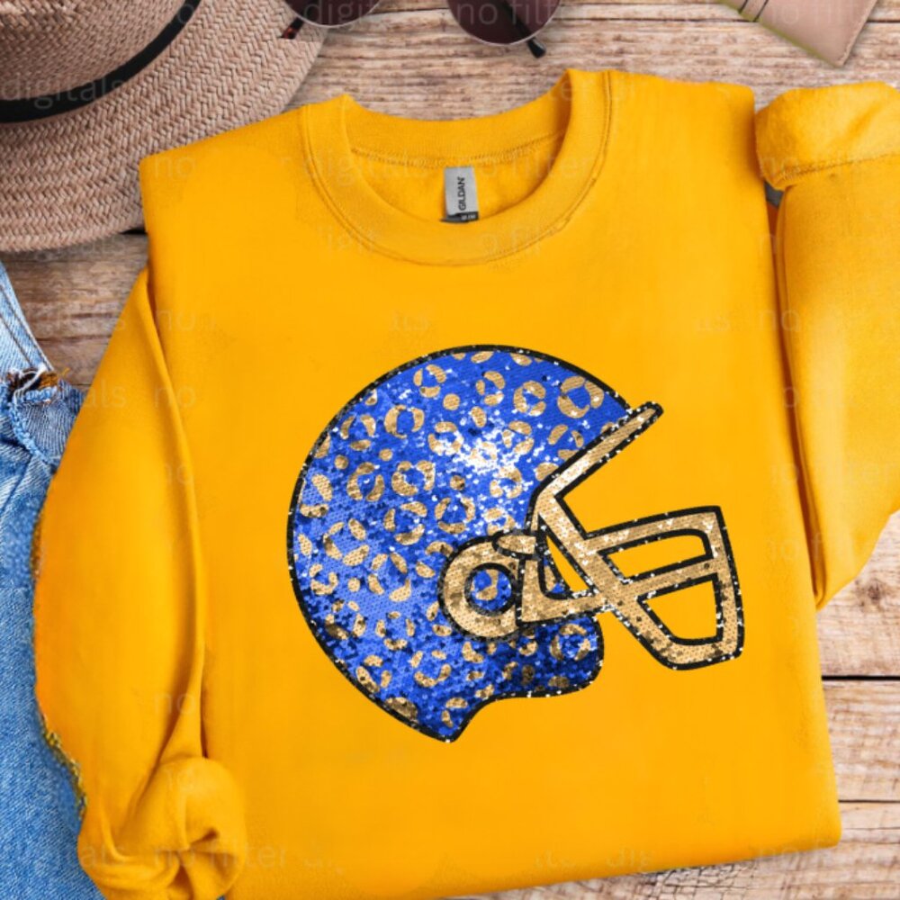 Blue & Gold Faux Sequin/Glitter Helmet Sweatshirt (Color Sweatshirt: Gold/ New)